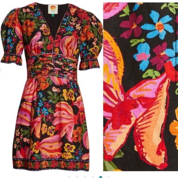 Farm Rio Pink Black Spring Bananas Dress Size Small - Picture 1 of 16
